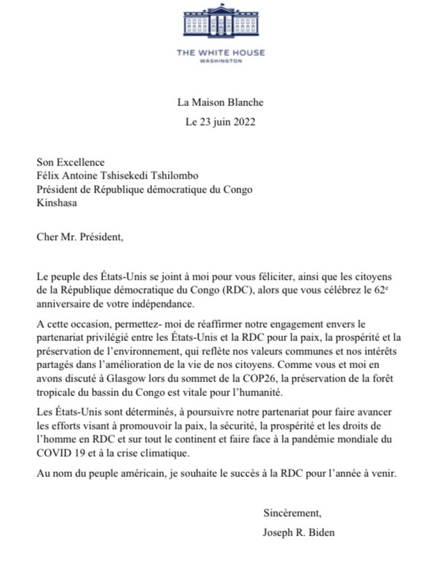 Lettre de Joe Biden à Félix Tshisekedi 
