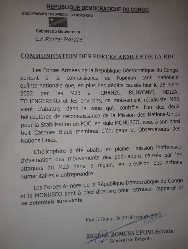 Communiqué de l'armée Congolaise.
